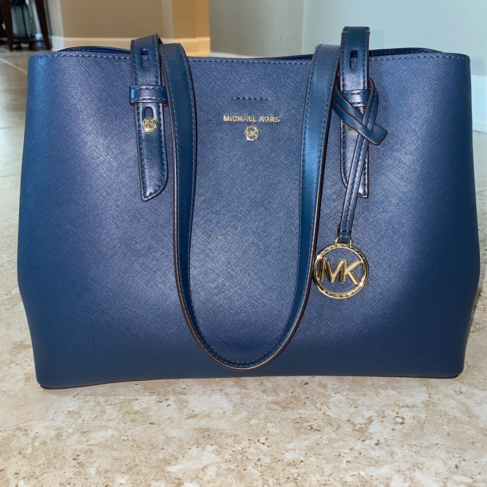 Michael Kors Navy Saffiano Tote with Gold Hardware